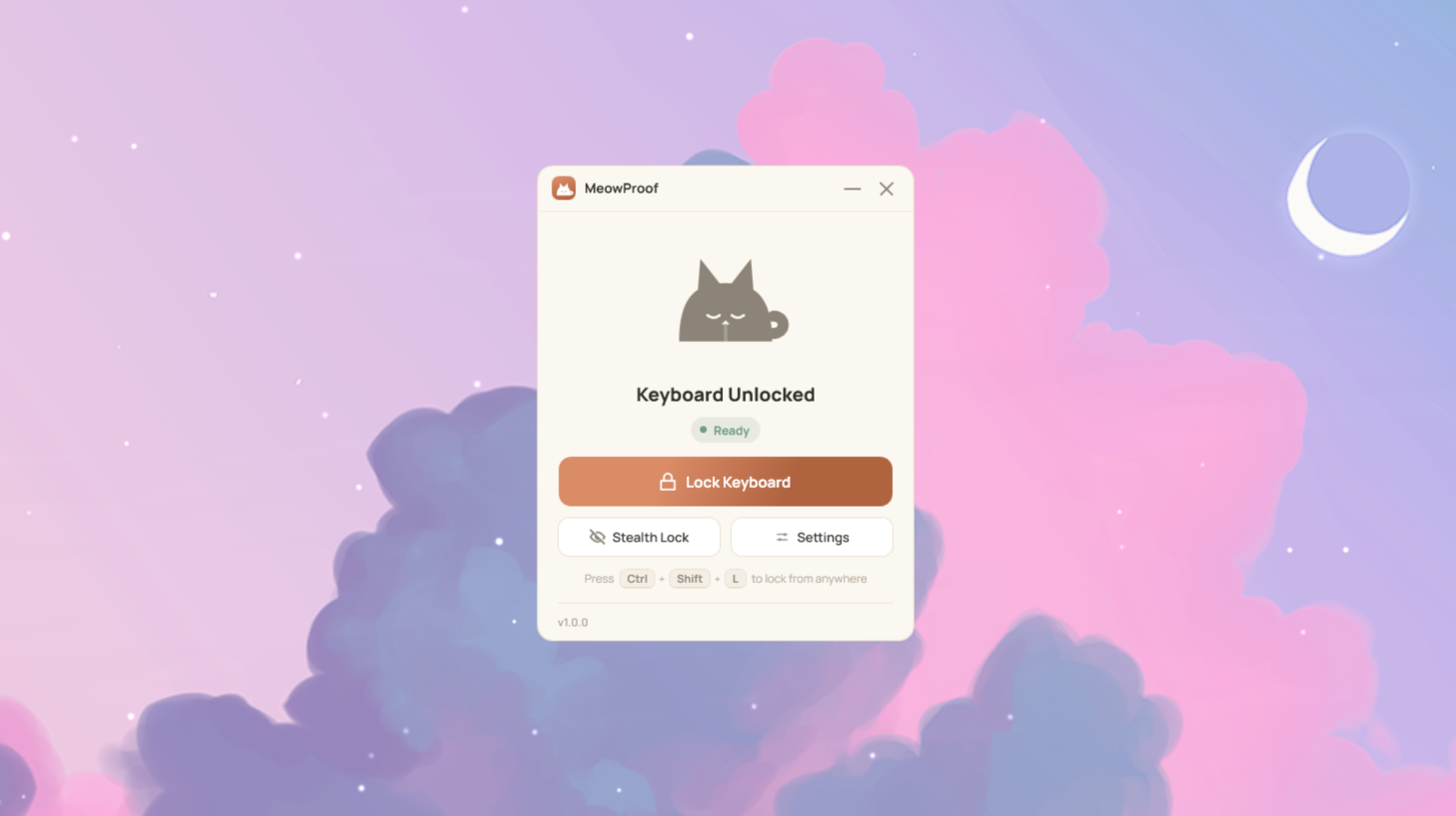 MeowProof's main window over a pastel clouds wallpaper — a sleeping cat icon, 'Keyboard Unlocked', and a big Lock Keyboard button