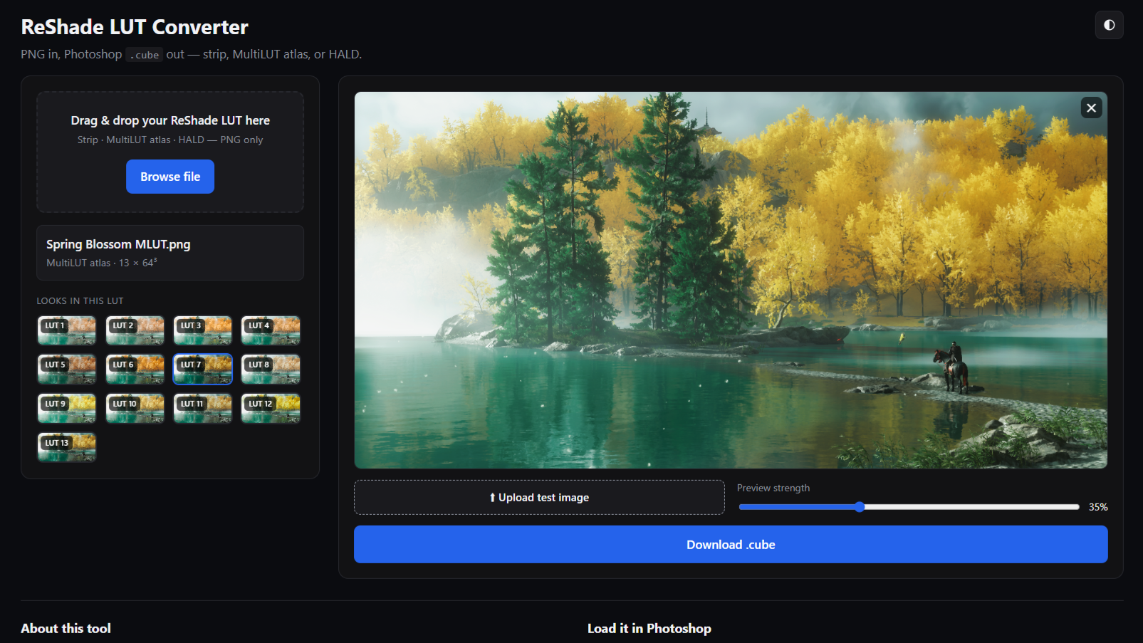 The ReShade LUT Converter interface — a loaded MultiLUT atlas with a grid of LUT thumbnails, and a large before/after preview of an autumn lakeside scene
